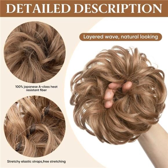 Large Messy Bun Hair Piece Wavy Curly Scrunchies Synthetic Chignon Ponytail Hair - Picture 4 of 7